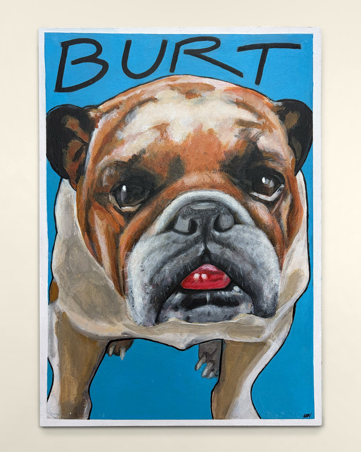 Contemporary A4 hand-painted custom pet portrait of English Bulldog Burt, by artist Helen Robotham Vásquez.