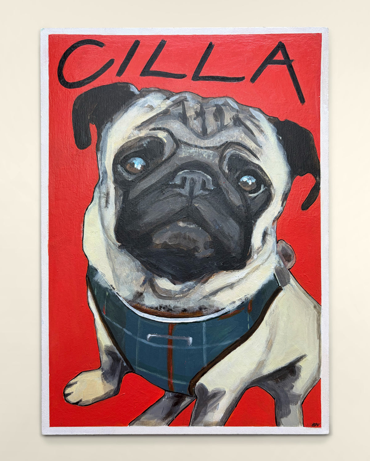 Contemporary hand-painted custom pet portrait of Cilla, a pug, by artist Helen Robotham Vasquez