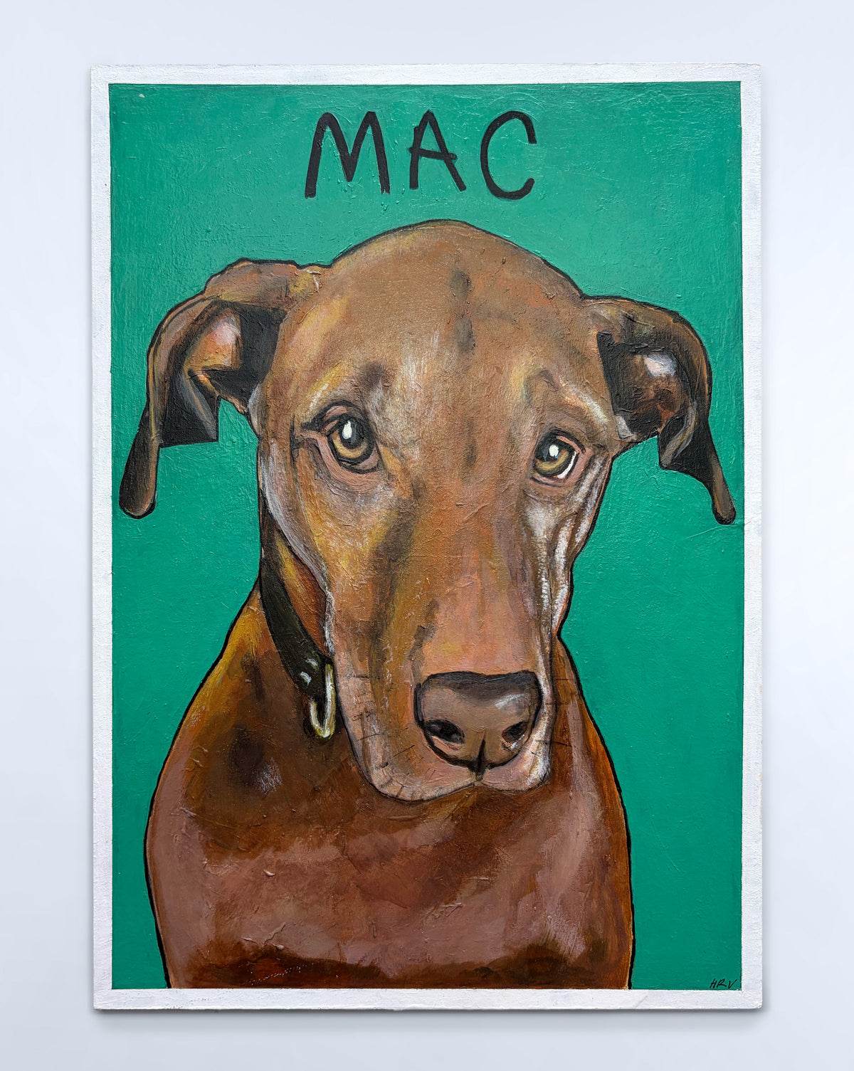 Contemporary A4 hand-painted custom pet portrait of Mac, Rhodesian Ridgeback by artist Helen Robotham Vásquez.