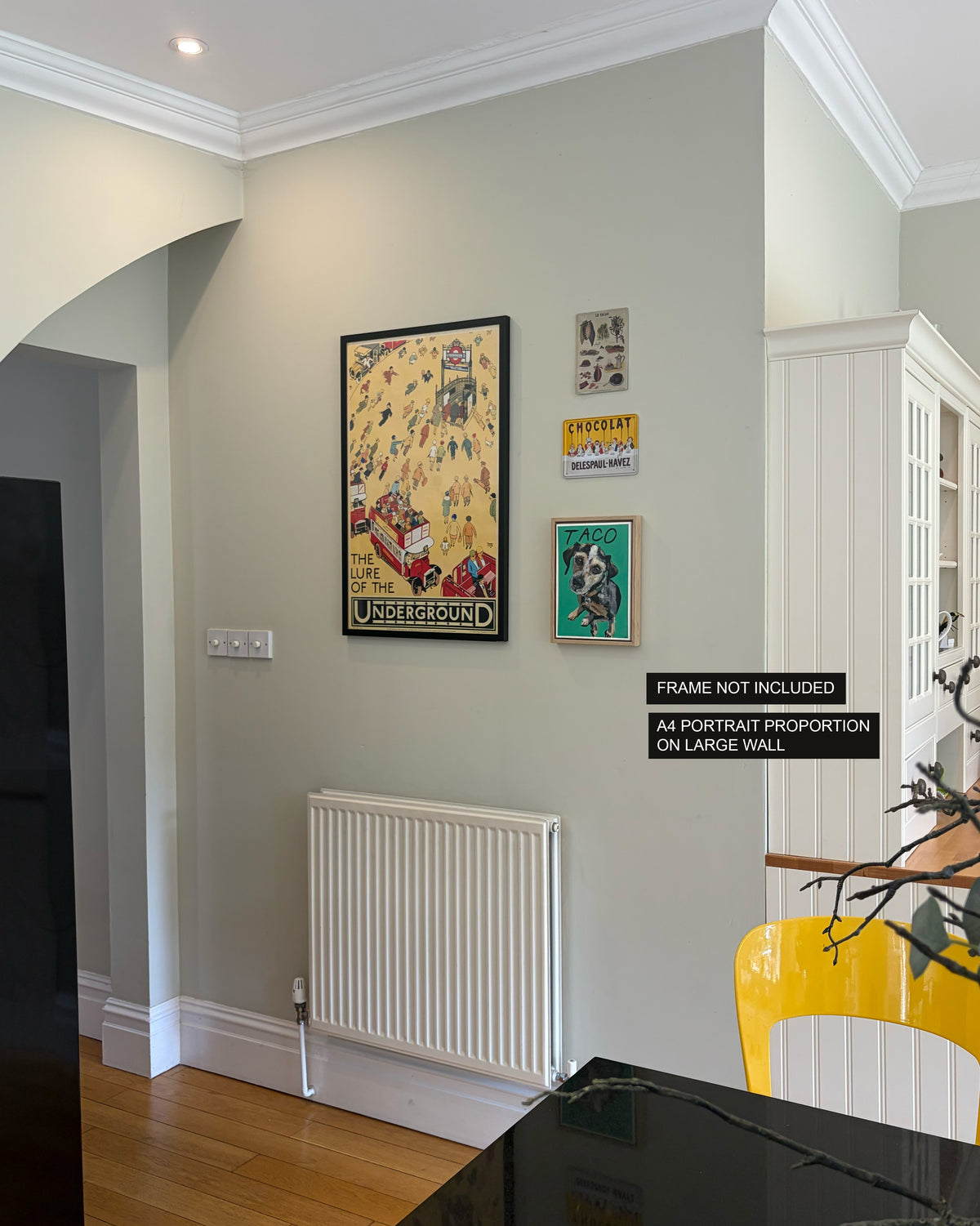 Interior setting of contemporary custom A4 hand-painted pet portrait by artist Helen Robotham Vasquez